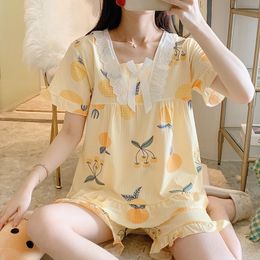 Women's Sleepwear Kawaii Two Piece Set Women's Pyjamas Patchwork Lace Bow Pullover Short Sleeve Top Shorts Kawaii Clothes for Women Loungewear Pjs 230328