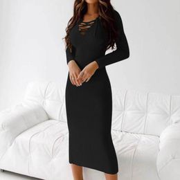 Casual Dresses Women's Pothole Split Solid Colour V Neck Straps Long Sleeved Dress