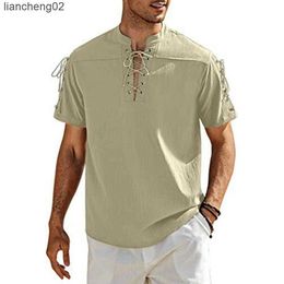 Men's Casual Shirts Men Summer T-shirt V Neck Stand Collar Lace Up Pullover Mid Length Top Men ropa hombre W0328