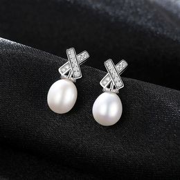 European Shiny Zircon X-Letter Pearl s925 Silver Stud Earrings Fashion Elegant Women Exquisite Earrings Luxury Jewellery Gift