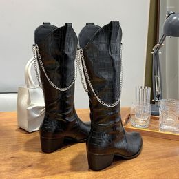 Boots 2023 Designer Women 5cm Chunky High Heels Western Cowboy Knee Quality Metal Chain Thigh Party Shoes