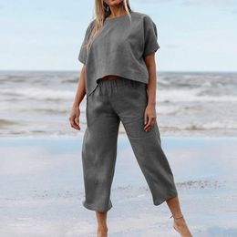 Women's Two Piece Pants Chic Short Sleeve O-neck Top Elastic Waist Long Suits Women Beach Loose Outfits Casual Solid Colour Cotton Linen