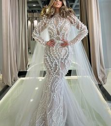 Exquisite Mermaid Wedding Dresses Long Sleeves High Neck Appliques Sequins Beaded Pearls Ruffles 3D Lace Hollow Floor Length Bridal Gowns Custom Made abiti da sposa