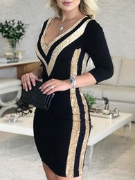 Casual Dresses Contrast Colour Striped Tape Bodycon Dress Women Sexy V Neck Long Sleeve Party Dress 230327