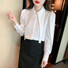 Women's Blouses Fashion Black Turn Down Collar Tops Spring Office Lady Clothes Korean Solid Loose Satin Shirt Long Sleeve White Blouse 25371