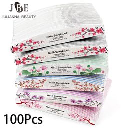 Nail Files 100Pcs Professional File Flower Printed Graffiti Half Moon Lime Care Tools For Manicure 80/100/150/180/240 Grit