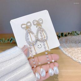 Dangle Earrings Trendy Exaggerated Style Crystal Bowknot Women Butterfly-knotted Pearl Fringed Bohemian Drop