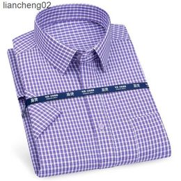 Men's Casual Shirts Mens Short Sleeve Shirt Business Casual Classic Plaid Striped Checked Male Social Dress Shirts Purple Blue 5XL Plus Large Size W0328