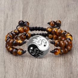 Strand Trendy Dragon Tai Chi 6mm Tiger Eye Stone Meditation Wristband Braided Bangles Matching Couple Prayer Jewellery