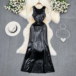 Casual Dresses Designer PU Leather Slim Long Dress For Women 2023 Summer Fashion Nightclub Stage Sleeveless A-line Female Clothing DF571