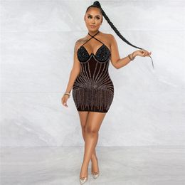 New Designer Rinestone Diamonds Sheer Mesh Mini Dress Women Beautiful Lace Up Halter Backless Bodycon Night Club Party Dresses Bulk Clothes 9601