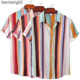 Men's Casual Shirts Men's Cotton Polyester Summer Short Sleeve Shirt Striped Pattern Breathable Hawaiian Beach Male Shirts Casual Blouse For Men W0328