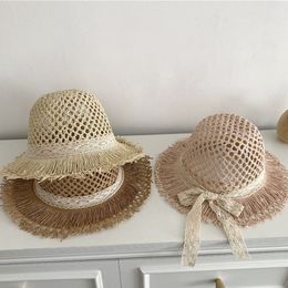 Caps Hats Summer Girls Straw Hat Children Panama Cap Hollow Lace Bow Kids Bucket Hats Kids Sun Hats Child Beach Caps 230328