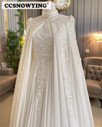 Party Dresses Chiffon Appliques Wedding for Bride with Cape Long Sleeve High Neck Islamic Bridal Gown Arabic Dubai Robe De 230328