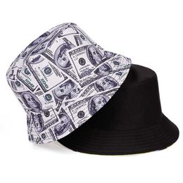 Wide Brim Hats Dollar Print Fishing Cap Bob Chapeau Femme Reversible Bucket Hat Men Fishing Bucket Hats For Wome P230327