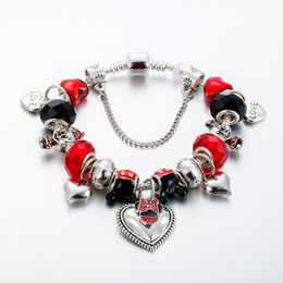 Fashion 925 Sterling Silver Red Crystal Murano Lampwork Glass & European Charm Beads Red Enamel Love Heart Dangle Fits Pandora Charm Bracelets Necklace B8