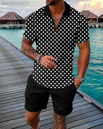 Men's Tracksuits Summer Sports Suit Men 3D Printed Casual Short Sleeve T Shirt Men's Lapel Zip Polo Shirt Men's Clothing Mens Polos Tracksuit W0328