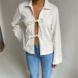 Women's Jackets Women Spring Autumn Loose Coat Tops Solid Color Tie-Up Front Lapel Neck Long Sleeve Casual Streetwear Cardigan