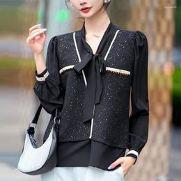 Women's Blouses Elegant Fashion Shirts For Women Bow Long Sleeve Women's Black White Shirt Real Silk Patchwork Tweed Office Lady Blouse