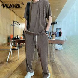 Men's Tracksuits 2022 Summer 2 Piece Set Men Solid Men's Clothes Ice Silk Draped Short Sleeve Tops Long Pants loose Tracksuit Casual Suits 3XL W0329