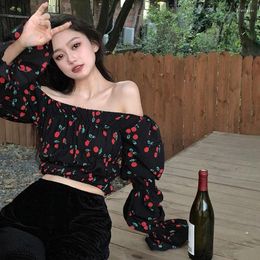 Women's Blouses Female Cherry Print Off Shoulder Tops Long-sleeved Casual T-shirts Sexy Tee Shirts Streetwear Sweet Slim