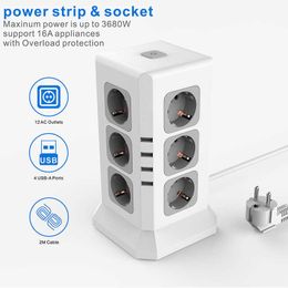 Sockets Vertical EU Strip Cube With 6 or 12 AC Outlets 4 USB Port 2M or 15M Cabe Multi Socket Adapter with Switch for Home Z0327