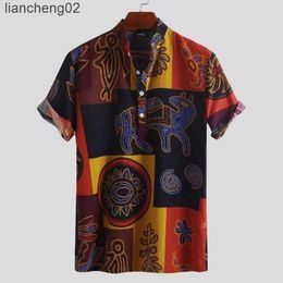 Men's Casual Shirts Men Clothing 2022 Summer New Ethnic Style European American Men's Printed Shirts Casual Stand-up Collar Pullovers Men's Tops W0328