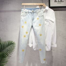 Men's Pants Fivepointed star printed jeans men's fashion brand Korean style slim ins trendy light Colour stretch casual ankle pants 230328