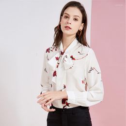 Women's Blouses Women Tops And White Silk Red Floral Bowknot High Quality OL 2023 Summer Office Shirts Long Sleeve Casual Sexy Plus Size