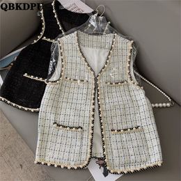 Women's Vests Spring Fall Vintage Tweed Black White Plaid Vest Chic Pearl Buckle Waistcoat Women Sleeveless Jacket Korean Gilets Slim Cardigan 230328