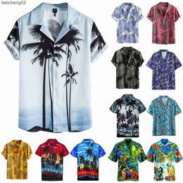 Men's Casual Shirts Hawaiian Men's Palm Tree Print Beach Shirt Men Button Hawaii Print Beach Short Sleeve Quick Dry Top Blouse camisa masculina W0328