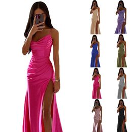 Plus Size S-3xl Women Party Dresses 2023 Spring New Bra Shrink Pleated Split Satin Skirt Slim Wrap Hip Sexy Dress For Ladies
