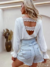 Women's Blouses Simplee Elegant Hollow Out Backless Lace Stitched Chiffon Casual Long Sleeves V-neck Shirts Office Lady Solid Women Tops