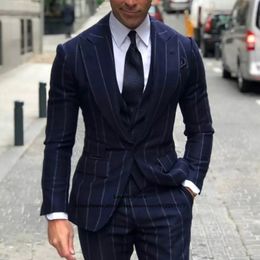 Men's Suits Blazers Navy Blue Stripe Mens Suits 3 Piece Jacket Vest Pants Set Wedding Groom One Button Tuxedo Peaked Lapel Business Blazer Masculino 230328