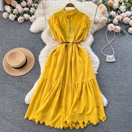 2023 New Summer Dress Small Fragrance French Cut Out Thin Waist Dress Sleeveless Pleated Temperament Long Dress