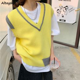 Women's Vests Panelled Sweater Vest Women Sweet Design V-neck Loose Sleeveless Sweaters Preppy Style High Street Stylish Knitting Vests Mujer 230328