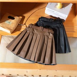 Skirts Kids Girls Pleated Skirts Black Khaki Autumn Winter Skirts Arrival Teenage Girls PU Leather Skirts High Waist Skirts 230328