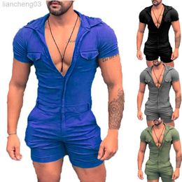 Men's Tracksuits Men's Solid Color Hooded Bodysuit Zip Shorts One Piece Set W0328