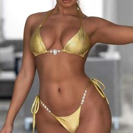 Bikinis set Shiny Snakeprint Bikini Rhinestone Swimsuit Women Crystal Swimwear Mini Brazilian Biquini Sexy Bathing Suit 2023 Micro Swimsuit P230328