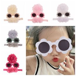 Neue 3pcs/Los Baby Girls Sonnenbrille Chiffon Blumenstirnband Blumenklammern Set Hair Accessoires Sonnenblumenbrillen Geburtstag Geschenke