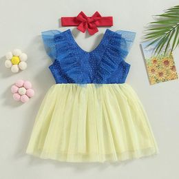 Girl Dresses Infant Baby Princess Dress V-Neck Ruffles Bowknot Sleeveless Layered Tulle Sweet Headband 0-24M