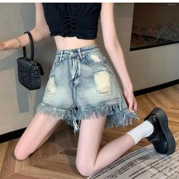 Women's Shorts Vintage Women's 2023 Y2K Streetwear Wide Leg Jeans Casual Tassels Ripped Slim High Waist Mini Blue Denim