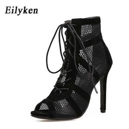 slippers Eilyken 2023 Fashion Black Summer Sandals Lace Up Cross-tied Peep Toe High Heel Ankle Strap Net Surface Hollow Out Shoes