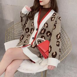 Women's Knits Women Cardigan 2023 Autumn Winter Patchwork Leopard Korean Sweater V-neck Knitted Coat Long Loose Casual