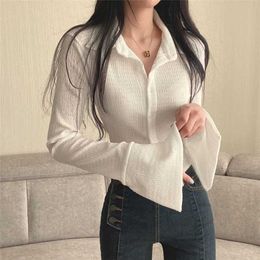 Women's Blouses Shirts Deeptown Women Blouses White Black Korean Style Tunic Flare Sleeve Shirts Cropped Tops Female Sexy Elegant Slim Chic Fashion Top Y2303