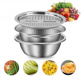 Fruit Vegetable Tools 3PCS Multifunctional Stainless Steel Kitchen Graters Vegetable Slicer Vegetable Cutter Drain Basket Set Drain Basin for Fruit 230328