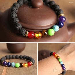 Strand 7 Chakra Beads Bracelet Natural Lava Stone Beaded Elastic Bracelets Buddha Reiki Prayer Yoga Women Fashion Jewellery 8mm