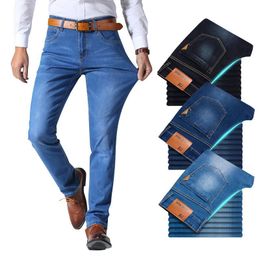 Mens Jeans Brother Wang Classic Style Men Brand Business Casual Stretch Slim Denim Pants Light Blue Black Trousers Male 230327