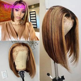 P4/27 Indian Human Hair 13X4 Lace Front Bob Wig Straight 10-16inch Piano Colour Middle Part