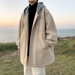 Men's Wool & Blends Woolen Coat Men Winter Mid-length Hooded Jacket Windbreaker Autumn And Korean Trend All-match Chic Top Male Clothing Vio